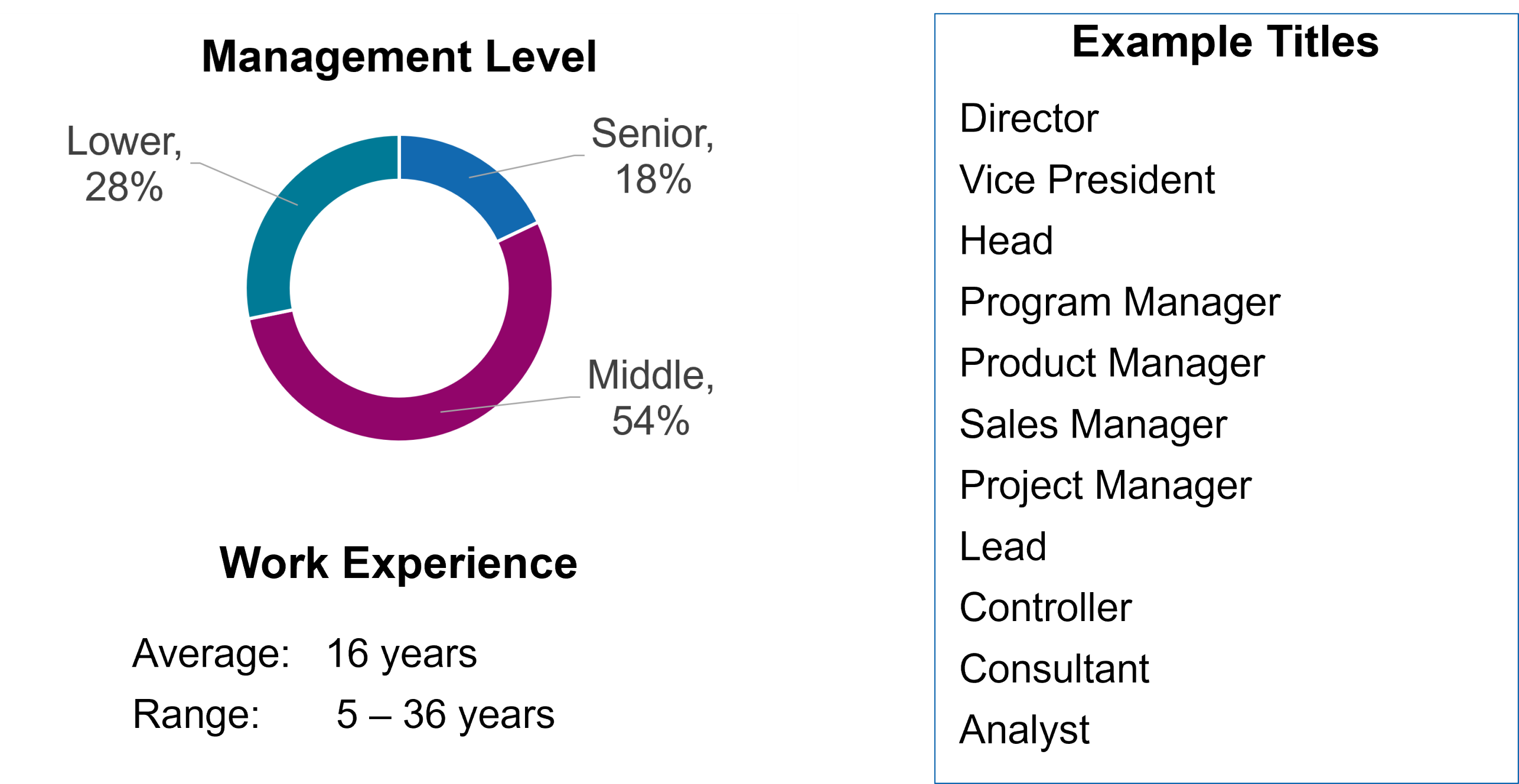 Figure showing information about the 2024 CAS AIS participants, including management level (middle management 54%, lower 28%, senior 18%), average work experience of 16 years, and typical job titles ranging from Analyst to Director